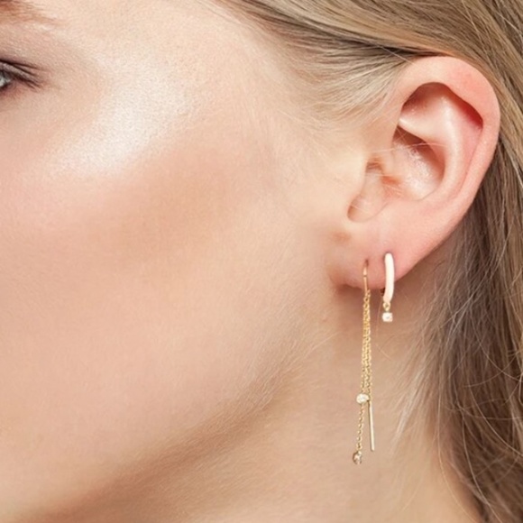 Sterling Silver White Enamel Hoop Earrings with Simulated Diamond - Picture 11 of 11